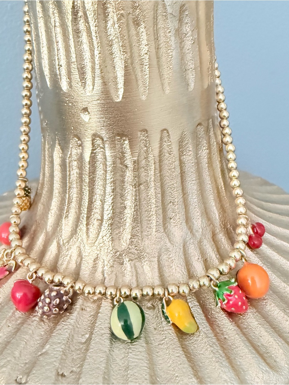 Gold Beaded Fruit Charm Necklace - Colorful Enamel Charms